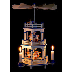3-stöckige Pyramide weiß-blau Instrumenten-Engel mit blauen Flügeln  - 35 cm