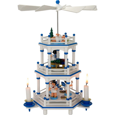 3-stöckige Pyramide weiß-blau Geschenke-Engel mit blauen Flügeln  - 35 cm