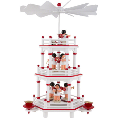3-stöckige Pyramide weiß-rot Instrumenten-Engel mit roten Flügeln  - 35 cm