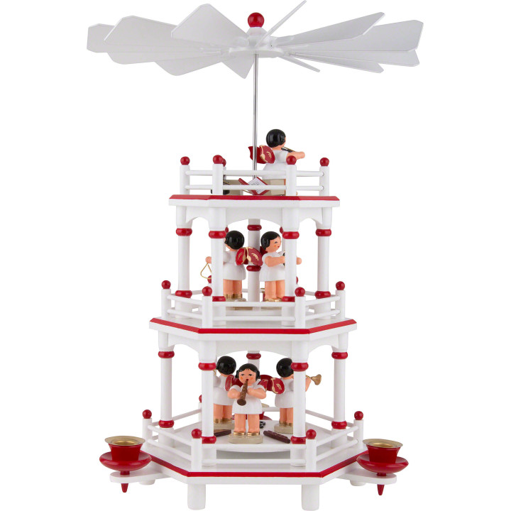 3-stöckige Pyramide weiß-rot Instrumenten-Engel mit roten Flügeln  - 35 cm