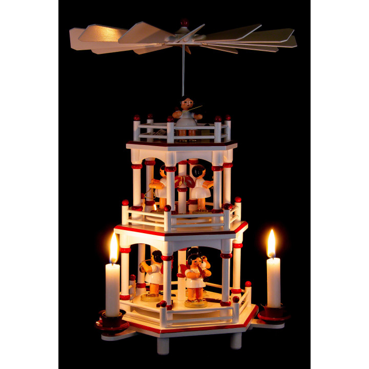 3-stöckige Pyramide weiß-rot Instrumenten-Engel mit roten Flügeln  - 35 cm