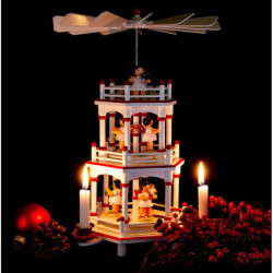 3-stöckige Pyramide weiß-rot Instrumenten-Engel mit roten Flügeln  - 35 cm