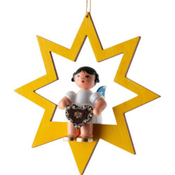 Angel with Gingerbread Heart - Blue Wings - Sitting in Yellow Star - 10,5 cm / 4.1 inch