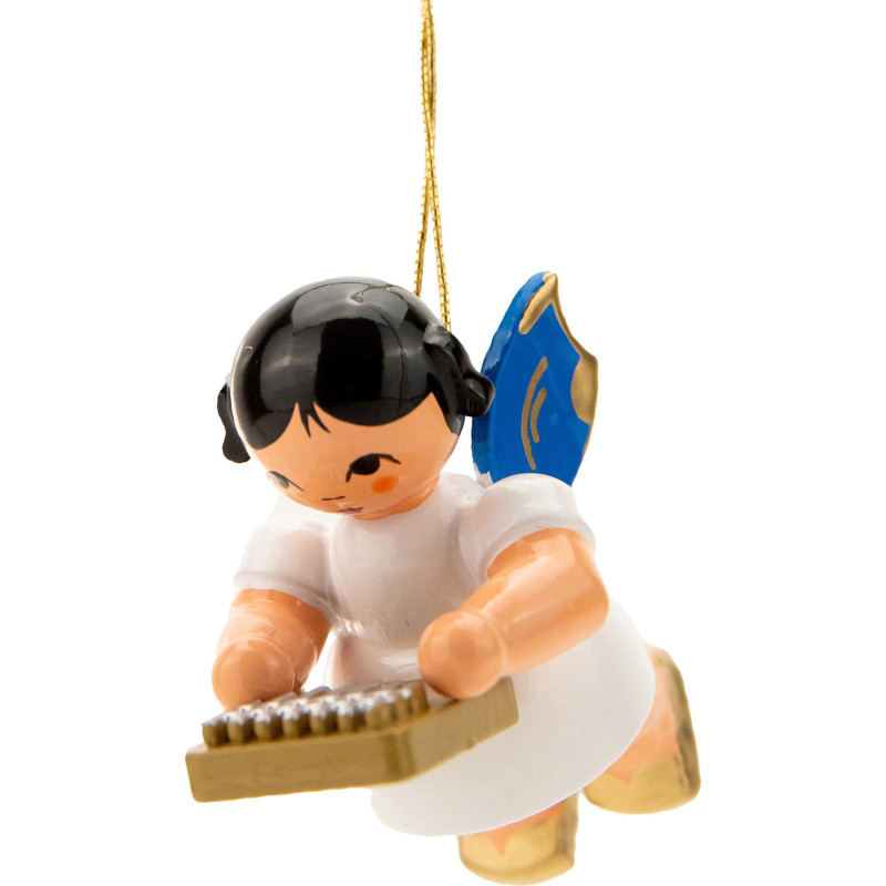 Christbaumschmuck Engel schwebend mit Kalimba - Blaue Flügel - 5,5 cm