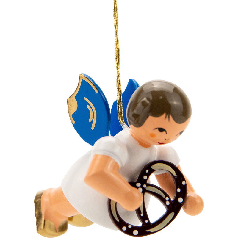 Christbaumschmuck Engel schwebend mit Brezel - Blaue Flügel - 5,5 cm