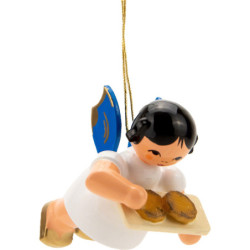 Christbaumschmuck Engel schwebend mit zwei Dalken - Blaue Flügel - 5,5 cm