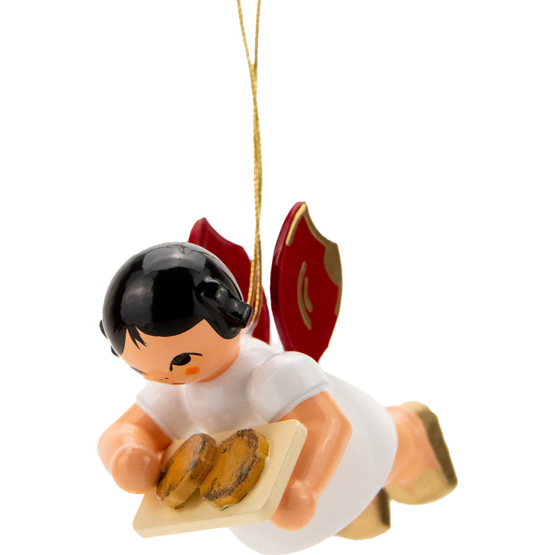 Christbaumschmuck Engel schwebend mit zwei Dalken - Rote Flügel - 5,5 cm
