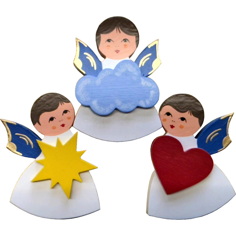 Magnetpins 3er-Set - Engel mit Herz, Stern, Wolke - Blaue Flügel - 7,5 cm
