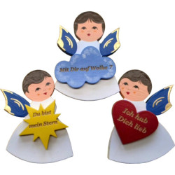 Magnetpins 3er-Set - Engel mit Herz, Stern, Wolke - Blaue Flügel - mit Sprüchen - 7,5 cm