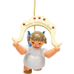 Tree Ornament - Angel "Frohe Weihnachten" ("Merry Christmas") - Swarovski Edition - Blue Wings - Floating - 6,5 cm / 2.6 inch