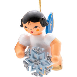 Tree Ornament - Angel with Snow Crystal - Blue Wings - Floating - 5,5 cm / 2.2 inch