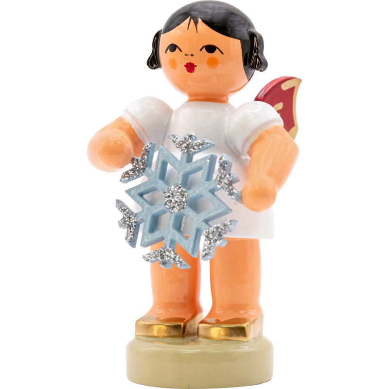 Angel with Snow Crystal - Red Wings - Standing - 6 cm / 2.4 inch