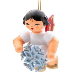 Christbaumschmuck Engel mit Schneekristall - Rote Flügel - schwebend - 5,5 cm
