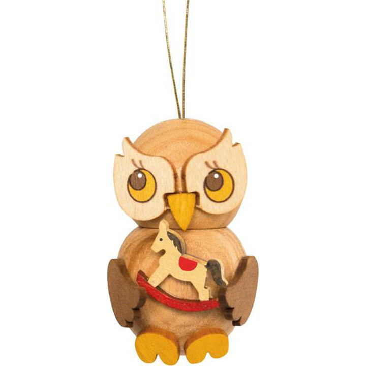 Christbaumschmuck Eulenkind mit Schaukelpferd - 4 cm