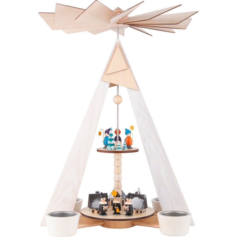 2-stöckige Pyramide Dorf Seiffen und Kurrende weiß - 36 cm