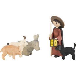 Shepherd with Animals, Set of Five, Stained - 7 cm / 2.8 inch