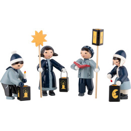 Winter Children with Lanterns - 4 pcs. - blue - 7 cm / 2.8 inch