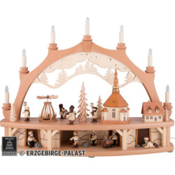 Schwibbogen Seiffener Dorf mit drehender Pyramide und beweglichen Figuren - 68x50 cm