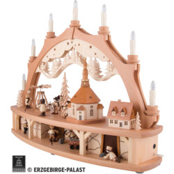 Schwibbogen Seiffener Dorf mit drehender Pyramide und beweglichen Figuren - 68x50 cm