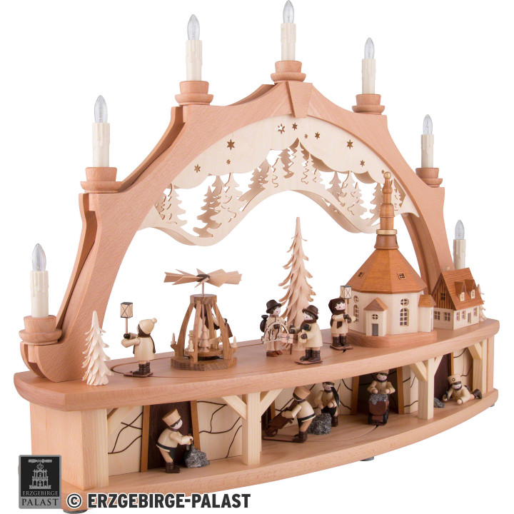 Schwibbogen Seiffener Dorf mit drehender Pyramide und beweglichen Figuren - 68x50 cm