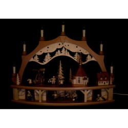 Schwibbogen Seiffener Dorf mit drehender Pyramide und beweglichen Figuren - 68x50 cm