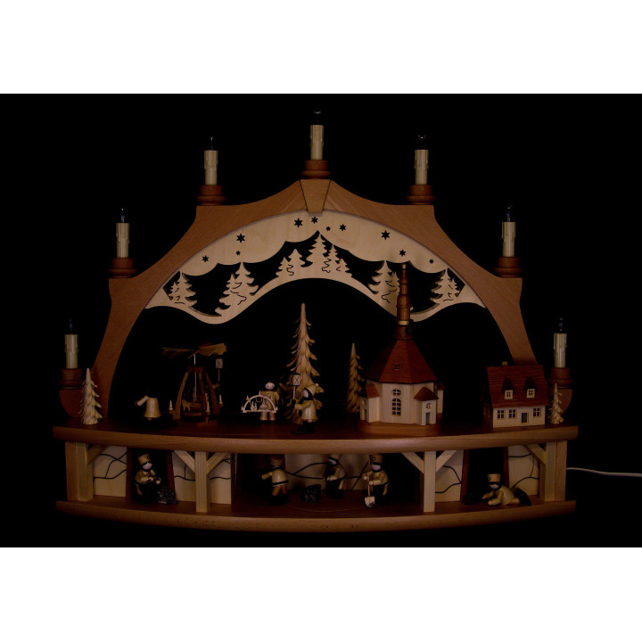 Schwibbogen Seiffener Dorf mit drehender Pyramide und beweglichen Figuren - 68x50 cm