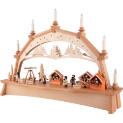 Schwibbogen Weihnachtsmarkt mit drehender Pyramide und beweglichen Figuren - 76x52 cm