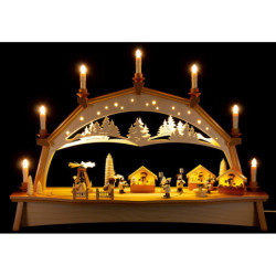 Schwibbogen Weihnachtsmarkt mit drehender Pyramide und beweglichen Figuren - 76x52 cm