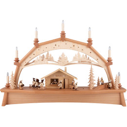 Schwibbogen Skihütte mit beweglichen Winterkindern - 76x52 cm