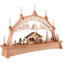 Schwibbogen Skihütte mit beweglichen Winterkindern - 76x52 cm