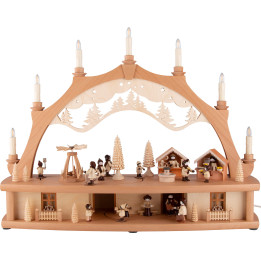 Schwibbogen Marktplatz mit drehender Pyramide und beweglichen Figuren - 68x50 cm