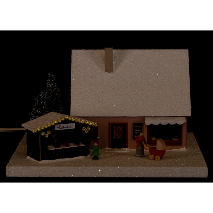 Lighted House Bakery with market stall, small - 18,5 cm / 7.3 inch