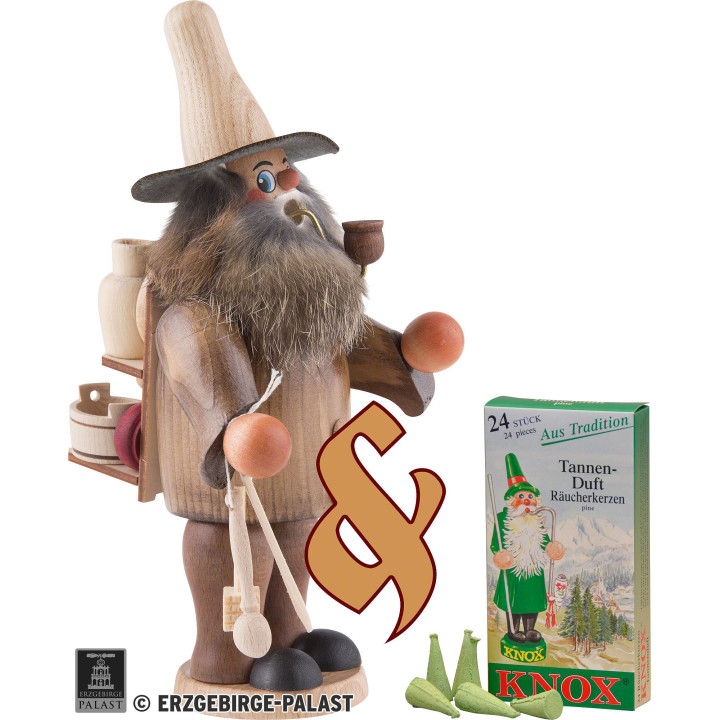 Set Räuchermännchen Holzwarenhändler und eine Packung Räucherkerzen