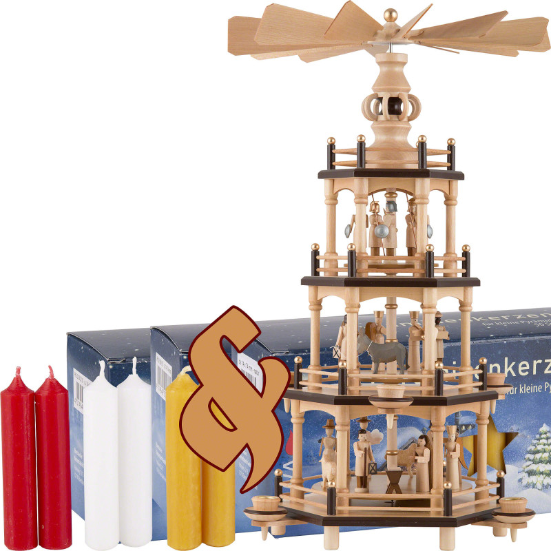 Set 4-stöckige Pyramide natur und drei Packungen Kerzen rot/weiß/honigfarben