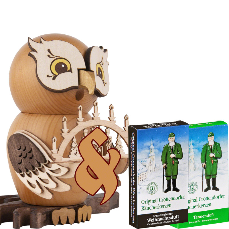 Set Räuchereule mit Schwibbogen und zwei Packungen Räucherkerzen