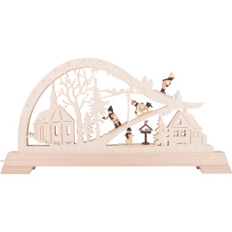 Schwibbogen Kirche mit Wintersportlern - 65x32 cm