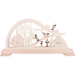 Schwibbogen Kirche mit Wintersportlern - 65x32 cm