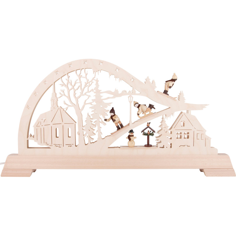 Schwibbogen Kirche mit Wintersportlern - 65x32 cm