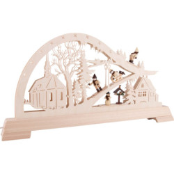 Schwibbogen Kirche mit Wintersportlern - 65x32 cm