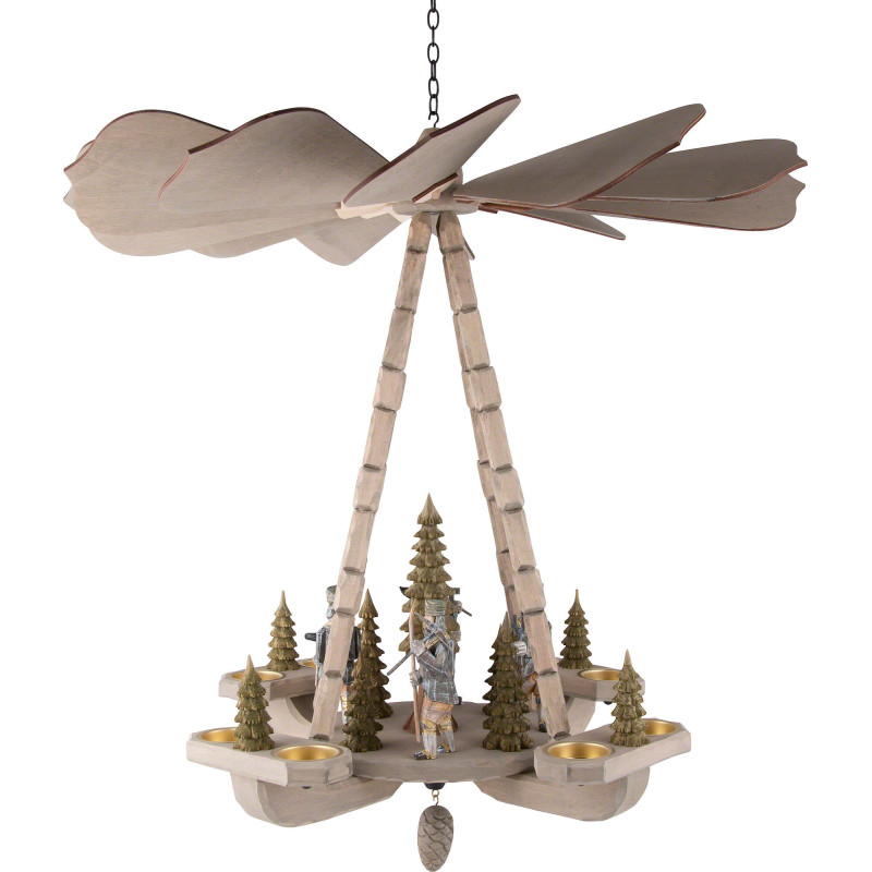 1-stöckige Deckenpyramide Bergmännner, Kette und Zapfen geschnitzt - grau - 53 cm