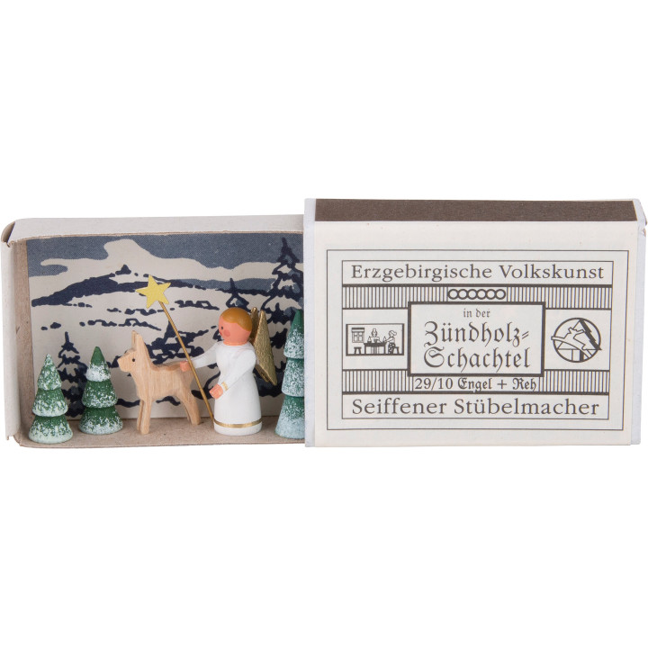 Zündholzschachtel Engel mit Reh - 3,8 cm