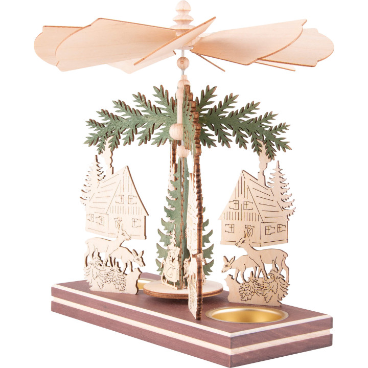 1-stöckige Pyramide Waldhaus mit Weihnachtsmann und Hirsch - 20 cm