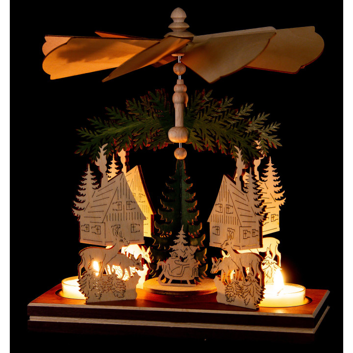 1-stöckige Pyramide Waldhaus mit Weihnachtsmann und Hirsch - 20 cm