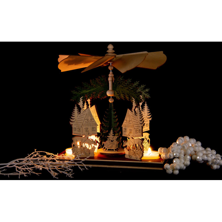 1-Tier Pyramid - Forest House with Santa and Deer - 20 cm / 7.9 inch