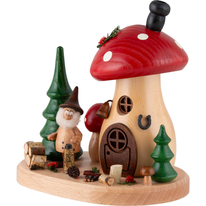 Smoker - Mushroom Hut with Wood Chipper Gnome - 15 cm / 5.9 inch
