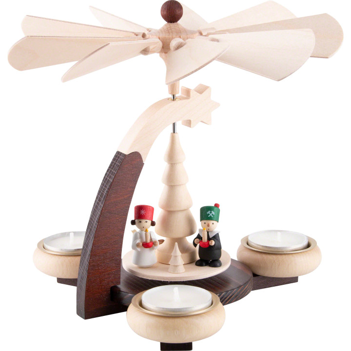 1-stöckige Pyramide naturfarben mit Engel, Bergmann und Nussknacker - 19 cm