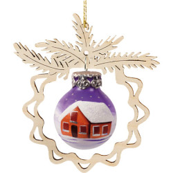 Christbaumschmuck Glaskugel in Zweig - Winterhaus - 8 cm