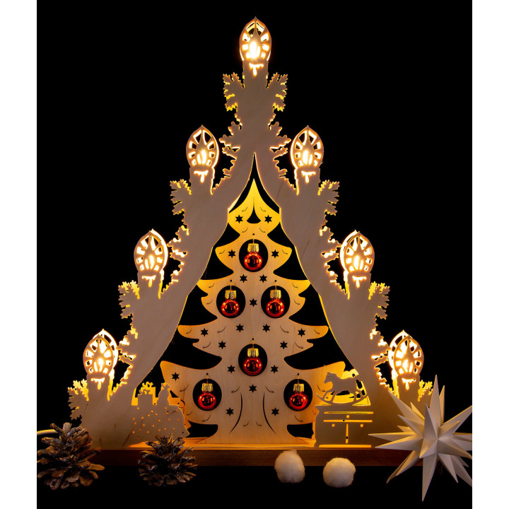 Lichterspitze "Weihnachtsbaum mit roten Kugeln" - 38x44 cm