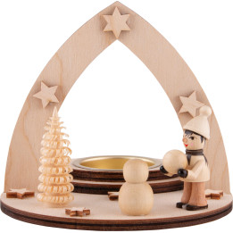 Teelichthalter Winterkind Schneemann bauend - 11,5 cm
