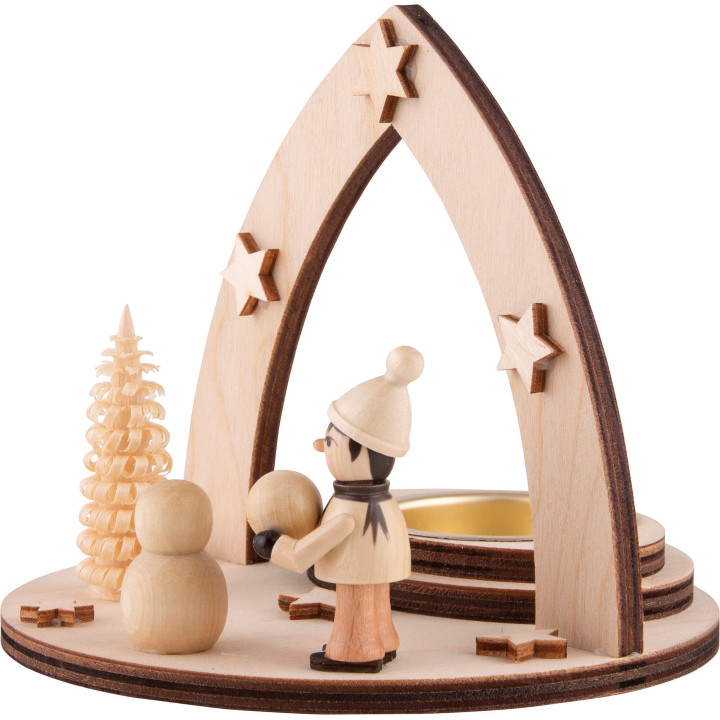 Tea Light Holder - Winter Child building Snowman - 11,5 cm / 4.5 inch